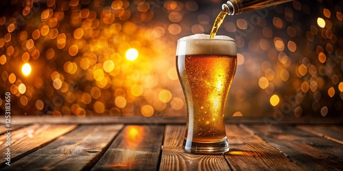 Top View Lager Beer Pouring into Glass on Wooden Table with Bokeh Background photo