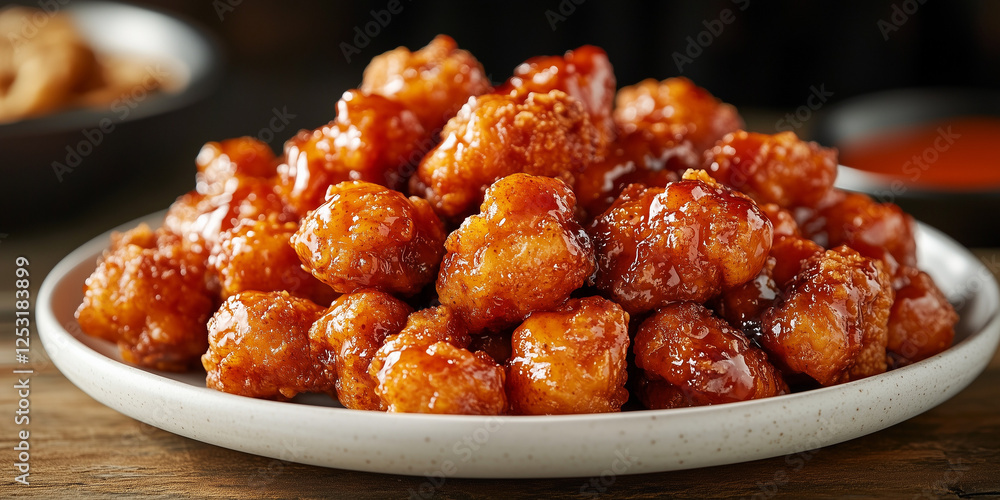 Crispy fried boneless chicken coated with a spicy glaze on a plate, on rustic surface Crispy fried boneless chicken coated with a spicy glaze on a plate, on rustic surface