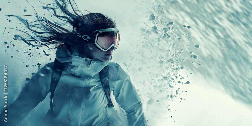 Naklejka premium Dynamic photo of a smiling female snowboarder, sunny day