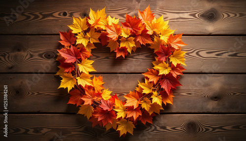 Autumn leaves heart wreath against rustic wood background, love symbol, Grateful Heart