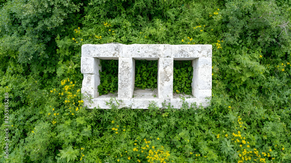 Overgrown stone structure, aerial view, nature background, historical site Overgrown stone structure, aerial view, nature background, historical site