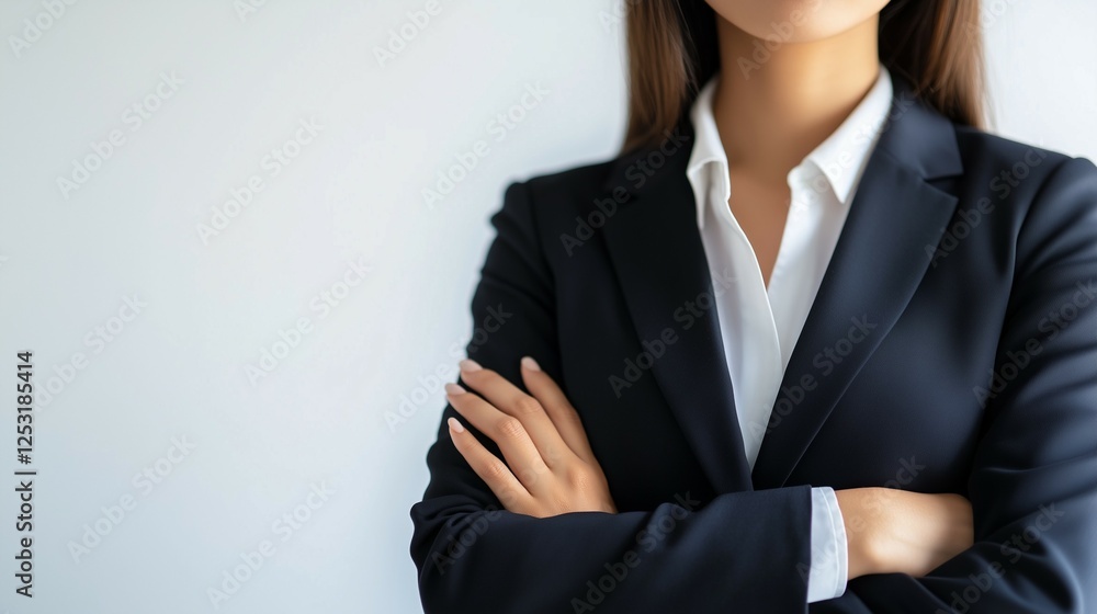 young businesswoman in a suit standing with arms crossed young businesswoman in a suit standing with arms crossed