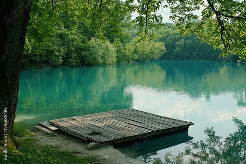 In June, the landscape panorama of Crestasee - Lake Cresta showcases the municipalities of Flims and Trin in the Grisons, Switzerland, including a wooden dock on the lake photo