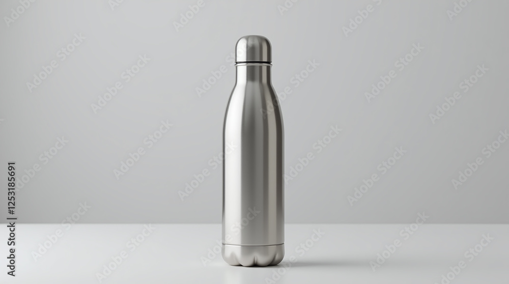 Silver Stainless Thermos Thermo Bottle Reusable Flask Mockup on Clean Neutral Background, Eco-friendly, Blank and Unbranded Silver Stainless Thermos Thermo Bottle Reusable Flask Mockup on Clean Neutral Background, Eco-friendly, Blank and Unbranded
