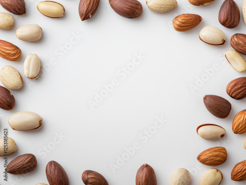 Wallpaper Mural Nuts arranged in circular pattern on white background, showcasing various types including almonds, cashews, and hazelnuts, creating natural and healthy aesthetic Torontodigital.ca