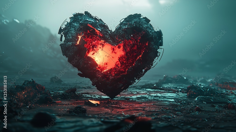 Shattered Red Glass Heart Suspended Mid-Air Shattered Red Glass Heart Suspended Mid-Air