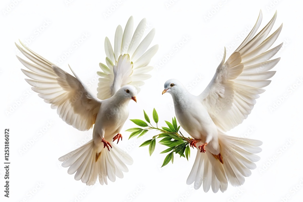 Obraz premium Two White Doves in Flight with Olive Branch - Panoramic Peaceful Stock Photo
