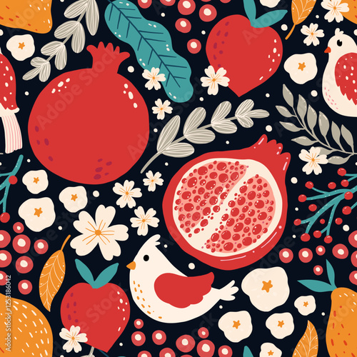 Seamless pattern little bird, fruits and flower on color background. pomegranate, lemon, strawberry,  Vector illustration.