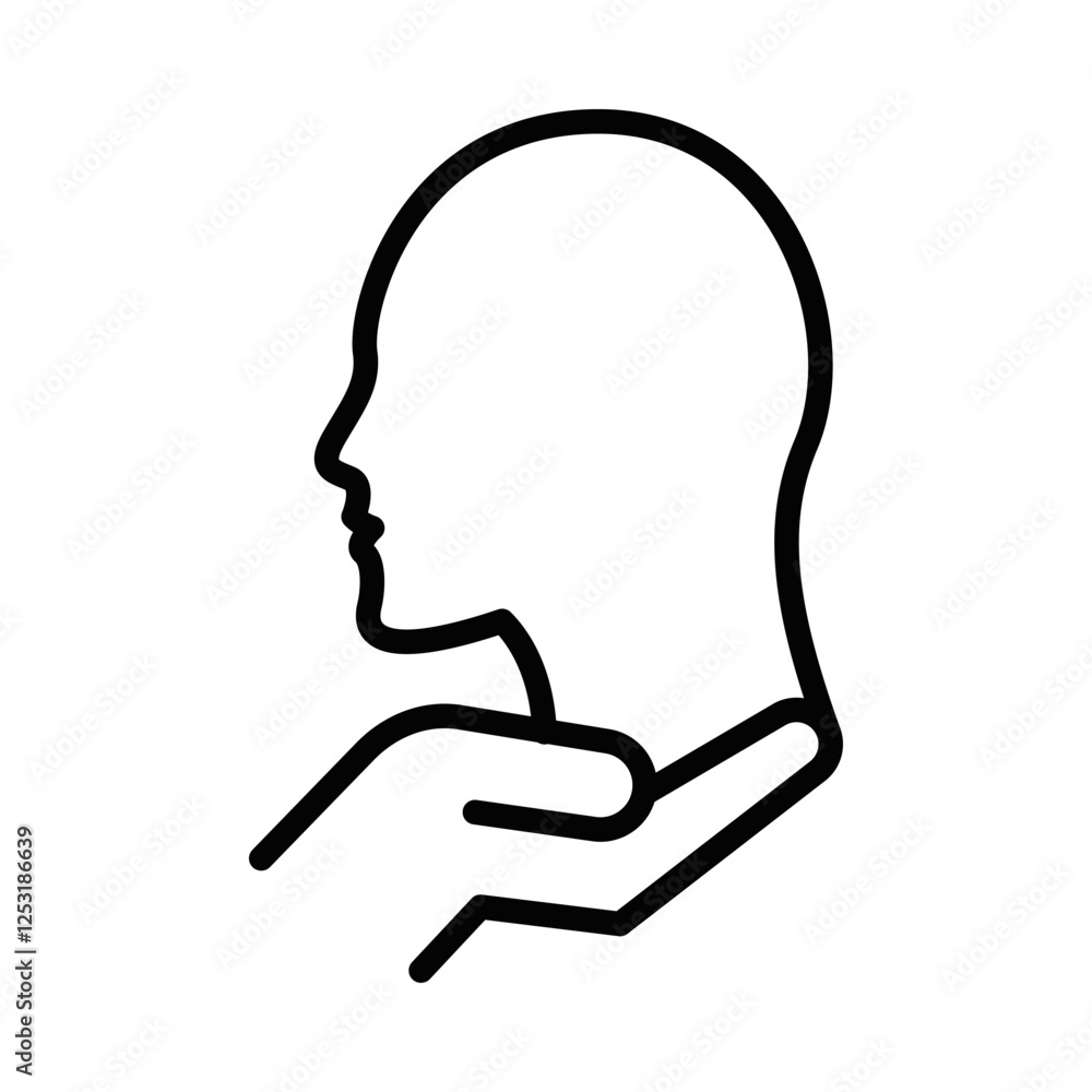 Hand holding a face outline, abstract vector icon. Editable stroke. Hand holding a face outline, abstract vector icon. Editable stroke.