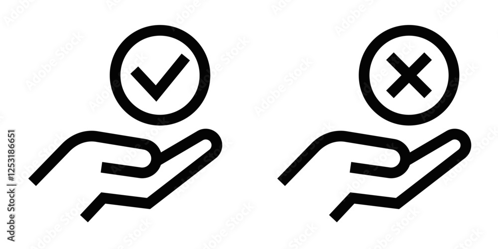 Hand holding approval and rejection icons, vector. Editable stroke. Hand holding approval and rejection icons, vector. Editable stroke.