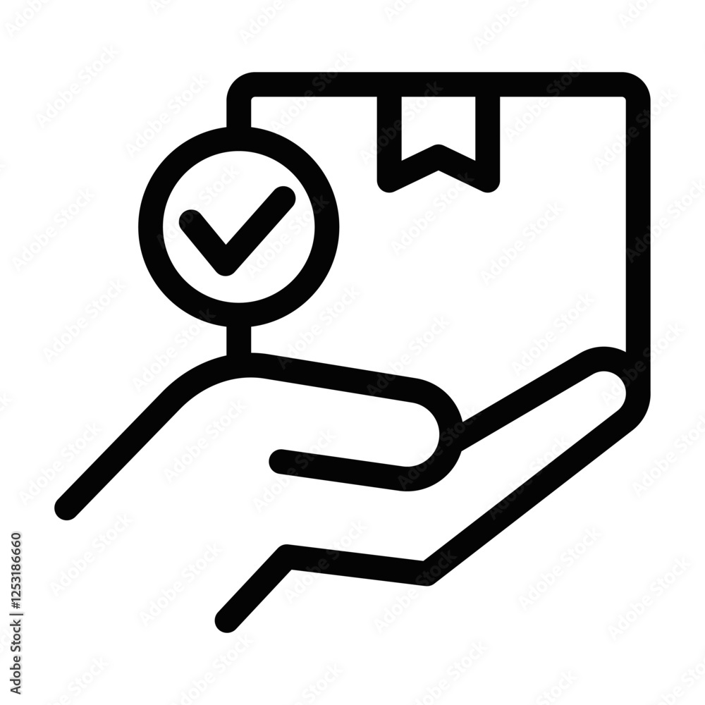 Hand holding a package with a checkmark, order icon. Editable stroke. Hand holding a package with a checkmark, order icon. Editable stroke.