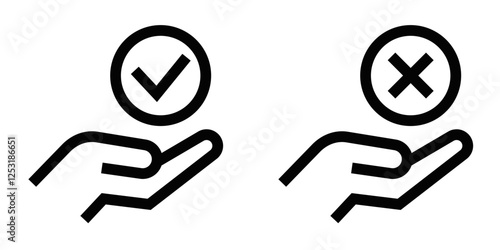 Hand holding approval and rejection icons, vector. Editable stroke.