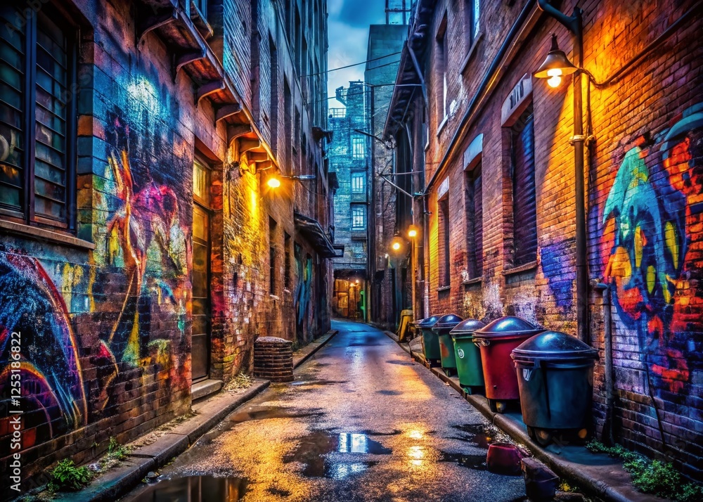 Fototapeta premium Urban Alleyway Graffiti Art: Vibrant Street Art on Brick Walls