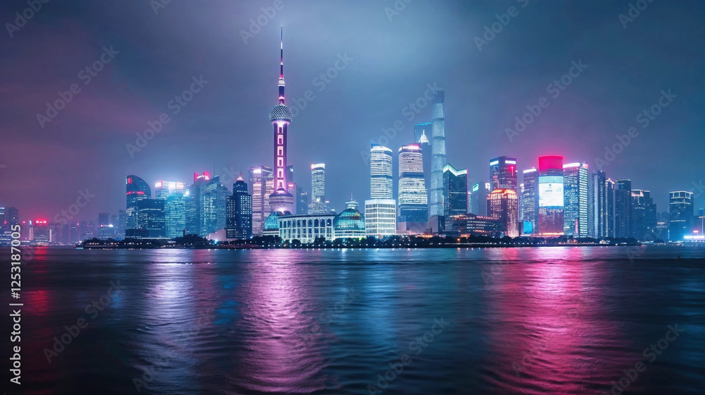 Obraz premium dazzling city skyline at night reflects neon lights on calm water, showcasing the modern architecture of a bustling metropolis. The glowing urban landscape exudes energy and innovation