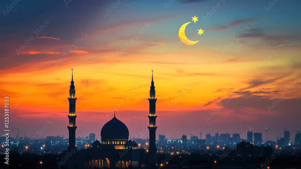 Obraz premium Majestic Mosque Silhouette At Sunset With Crescent Moon And Stars