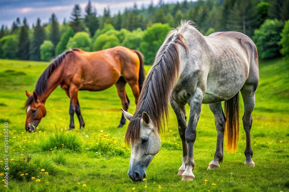 Majestic Gray & Brown Horses Grazing in Summer Meadow - Macro Photography Majestic Gray & Brown Horses Grazing in Summer Meadow - Macro Photography