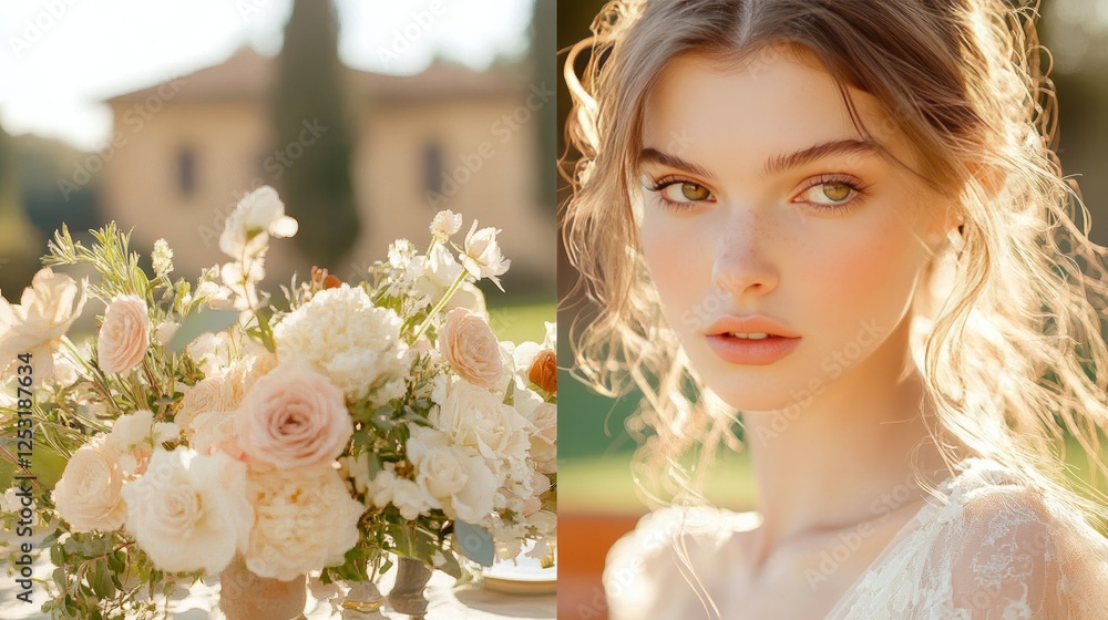 Naklejka premium Elegant outdoor event at a Tuscan villa with stunning floral arrangements and beauty. Generative AI