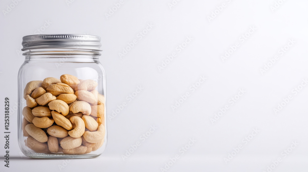 Cashew nuts in clear glass jar, showcasing their natural texture and color. This captures essence of healthy snacking and storage solutions Cashew nuts in clear glass jar, showcasing their natural texture and color. This captures essence of healthy snacking and storage solutions