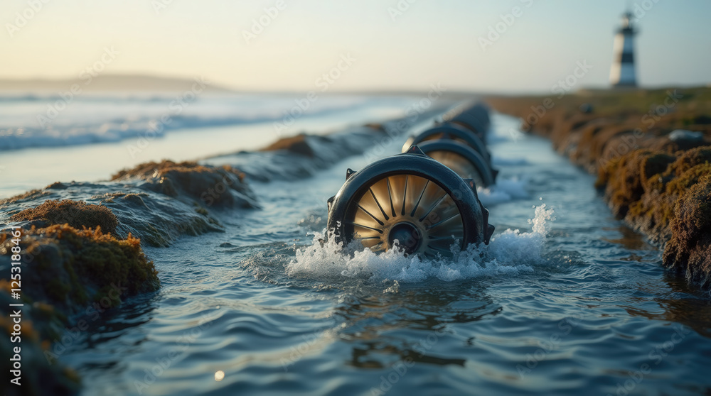 Fototapeta premium A robotic device navigates through tidal waters along a coast, with gentle waves splashing around it and a lighthouse standing tall in the background at sunset