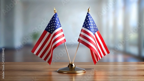 USA and World Table Flags, Diplomatic Meeting, International Relations,  G20 Summit, Global Politics Stock Photo photo