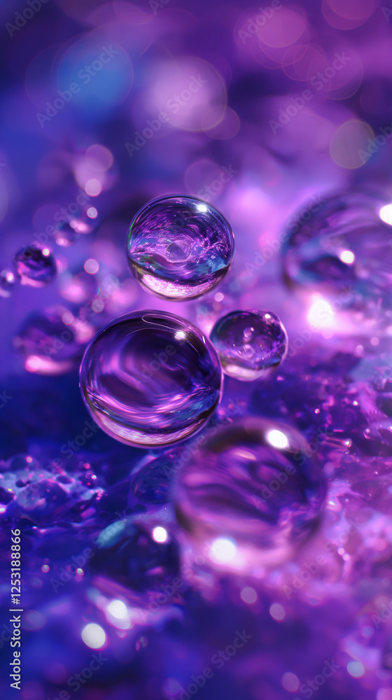 Close up view of colorful water droplets on a vibrant surface with varied light reflections in a purple hue Close up view of colorful water droplets on a vibrant surface with varied light reflections in a purple hue
