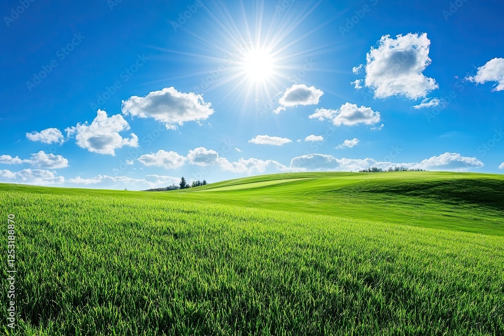Obraz premium During the summer, green grass stretches under a blue sky dotted with white clouds