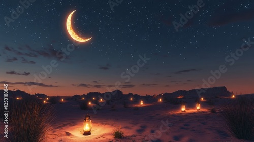 Beautiful lanterns illuminating the desert at night under a crescent moon sky, capturing the spirit of ramadan and eid celebrations in a peaceful and magical atmosphere
 photo