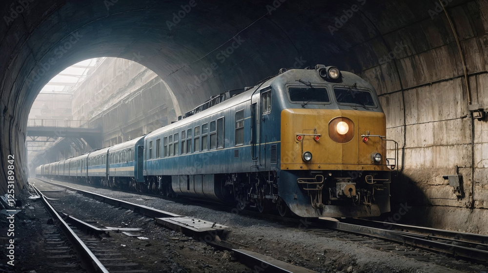 Obraz premium vintage locomotive train with a yellow and blue exterior travels through a misty tunnel, evoking nostalgia, adventure, and the romance of old-world railway travel