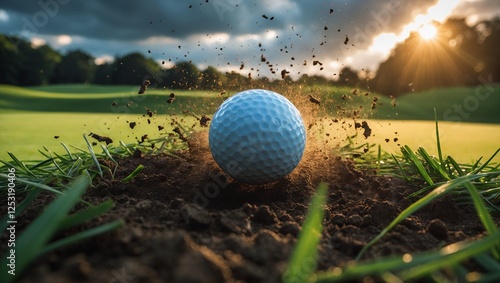 Wallpaper Mural The golf ball is frozen in mid-air, surrounded by a dynamic burst of dirt and particles, emphasizing the force of the swing Torontodigital.ca