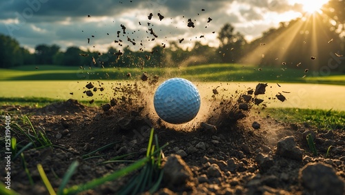 Wallpaper Mural The golf ball is frozen in mid-air, surrounded by a dynamic burst of dirt and particles, emphasizing the force of the swing Torontodigital.ca