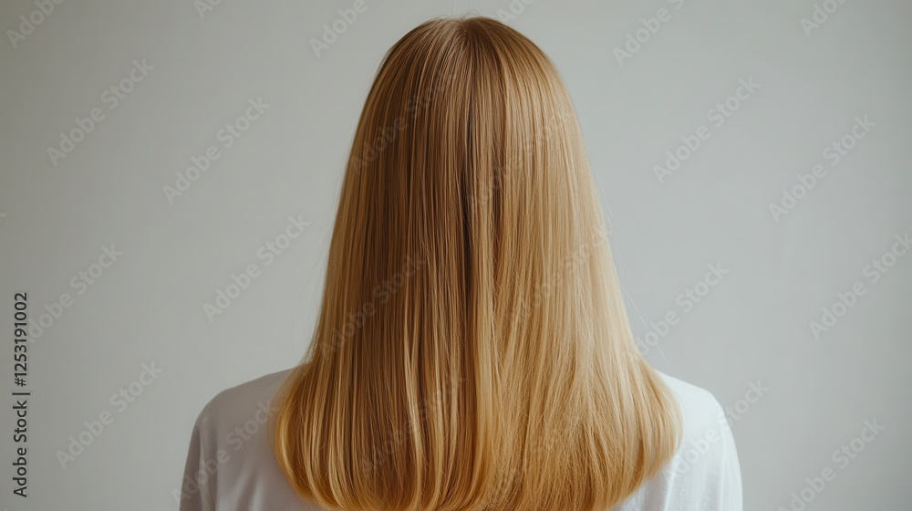 Naklejka premium Beautiful model girl with Blond hair strand,silky healthy wavy hair strand,hair wavy ribbon, with smooth,Keratin straightening,Treatment,straight long hair,procedures,Smooth hairstyle.