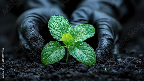 Gloved Hands Gently Planting A Dewy Green Seedling photo