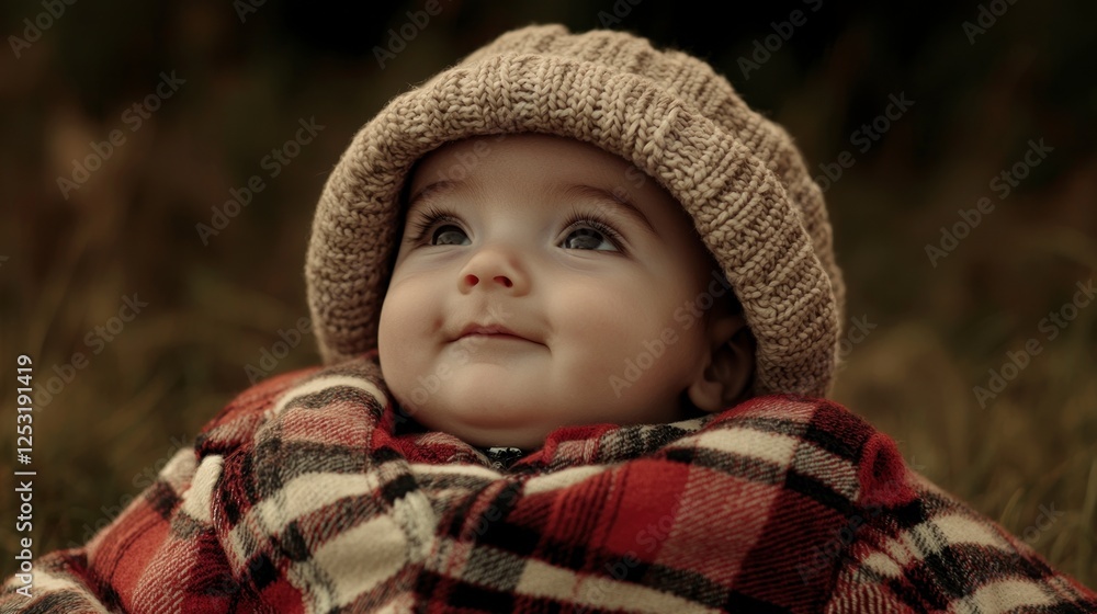 Adorable Freckled Baby in Knit Hat and Plaid Blanket Outdoors Adorable Freckled Baby in Knit Hat and Plaid Blanket Outdoors