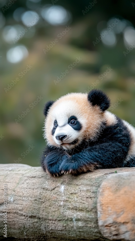Fototapeta premium Adorable Panda Cub Resting on a Log