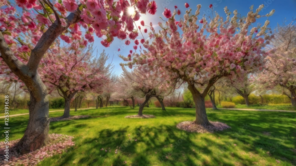 Spring garden with blossoming apple trees, pink petals swirling in the air, sunny day. Spring garden with blossoming apple trees, pink petals swirling in the air, sunny day.