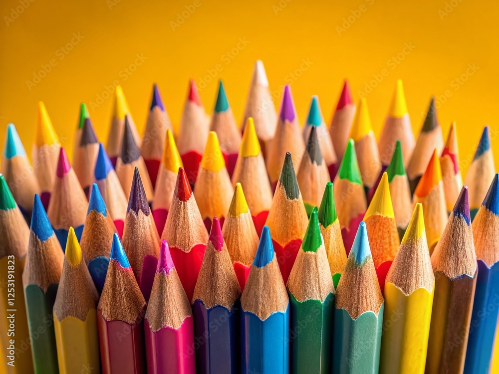 Vibrant Colored Pencils on Yellow Background - Creative Art Supplies Stock Photo Vibrant Colored Pencils on Yellow Background - Creative Art Supplies Stock Photo