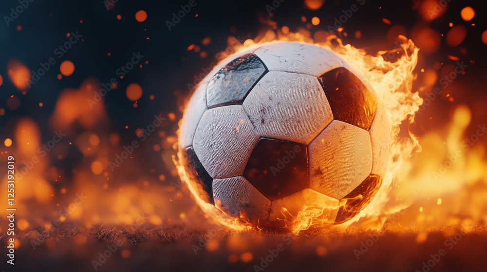 Naklejka premium soccer ball engulfed in flames, creating dramatic and intense visual against dark background. fiery effect adds excitement and energy to scene