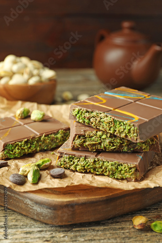 Photography Pieces of Dubai chocolate bar with pistachios, knafeh and cacao chips on wooden