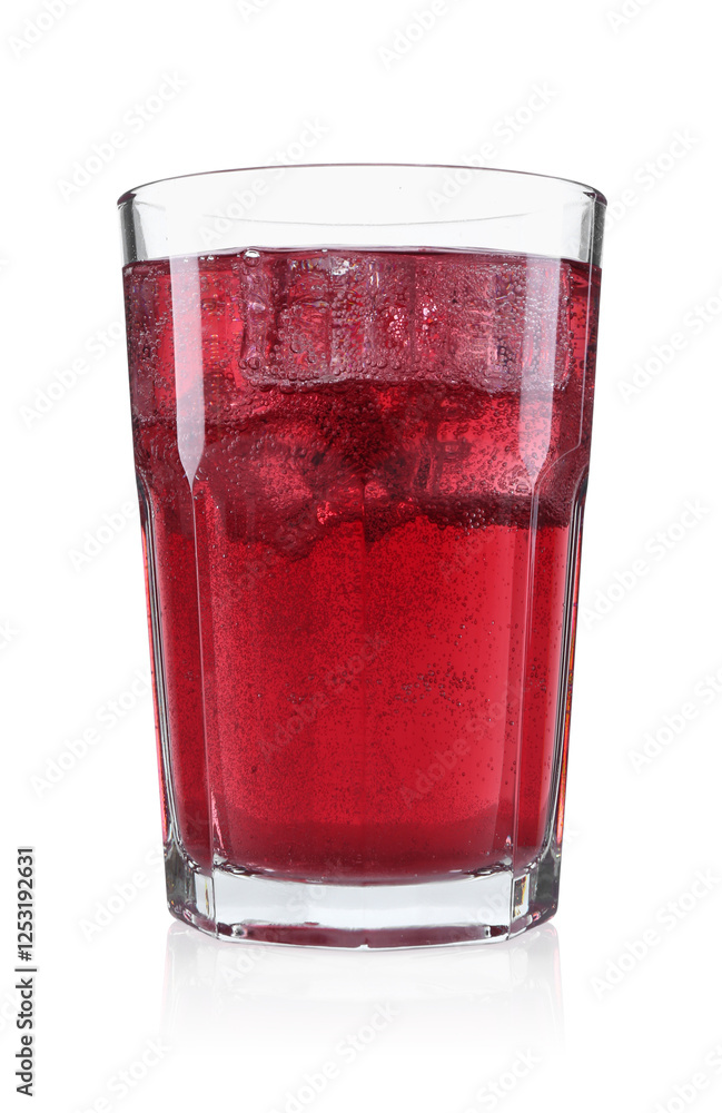 Sweet soda water with ice cubes in glass isolated on white Sweet soda water with ice cubes in glass isolated on white
