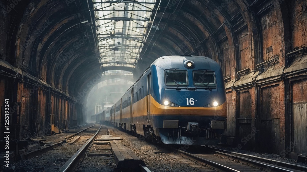 Naklejka premium blue and yellow locomotive travels through a historic industrial tunnel, surrounded by rusted steel and aged bricks. A moody and atmospheric urban railway scene