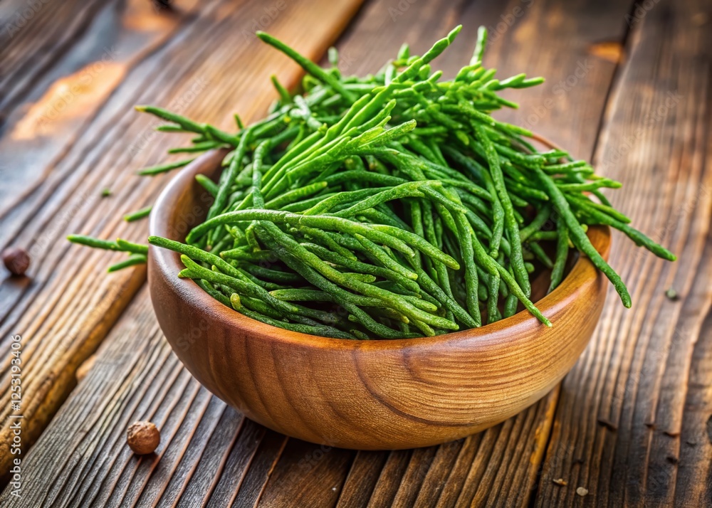 Vibrant Fresh Salicornia Europaea in Rustic Wooden Bowl - Healthy Sea Asparagus Vibrant Fresh Salicornia Europaea in Rustic Wooden Bowl - Healthy Sea Asparagus