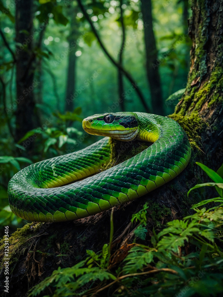 Fototapeta premium Green snake resting on a glowing tree in a magical forest.