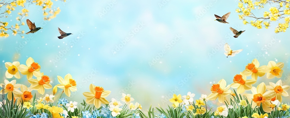 Spring and Easter Banner - Daffodils on a Lush Lawn with Swallows Soaring Spring and Easter Banner - Daffodils on a Lush Lawn with Swallows Soaring