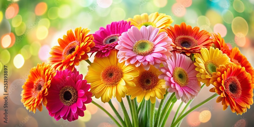 Vibrant Gerbera Daisy Bouquet, Cheerful Spring Flowers, Bokeh Background, Isolated White, Stock Photo Vibrant Gerbera Daisy Bouquet, Cheerful Spring Flowers, Bokeh Background, Isolated White, Stock Photo