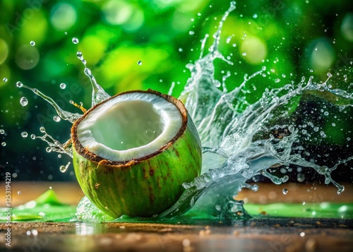 Vibrant Green Coconut Splash: Miniature Tilt-Shift Photography photo