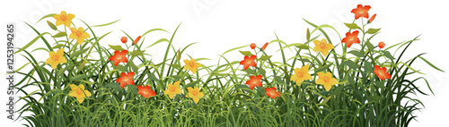 Flowers in the field, green bushes with yellow red pretty flowers