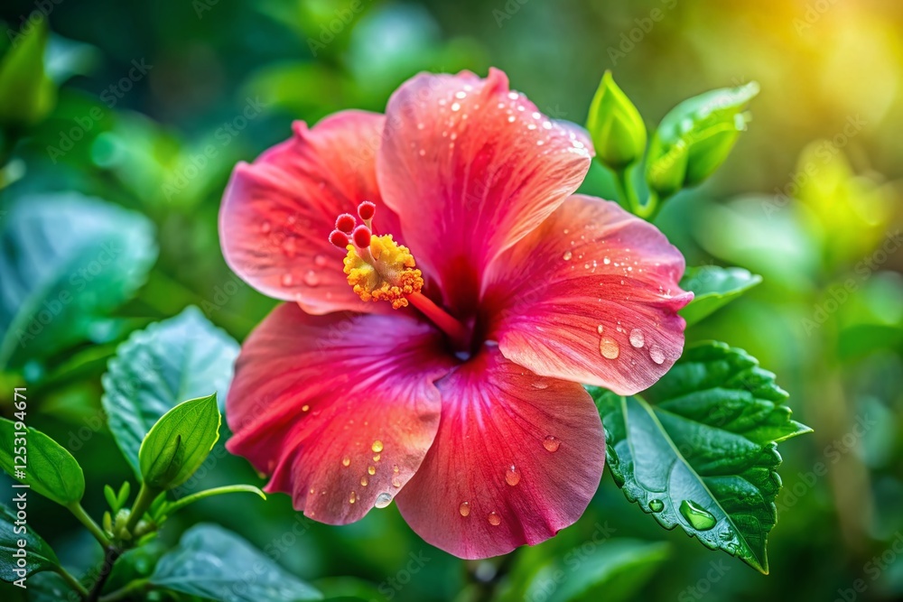 Vibrant Hibiscus Flower Blooming in Lush Garden - Stock Photo Vibrant Hibiscus Flower Blooming in Lush Garden - Stock Photo