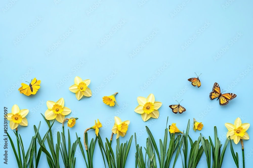 Fototapeta premium A sparse light blue spring backdrop featuring daffodils