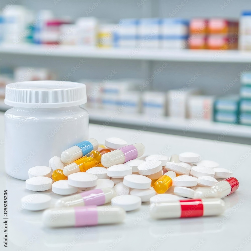 Assorted Pills and Capsules on Counter in Pharmacy Assorted Pills and Capsules on Counter in Pharmacy