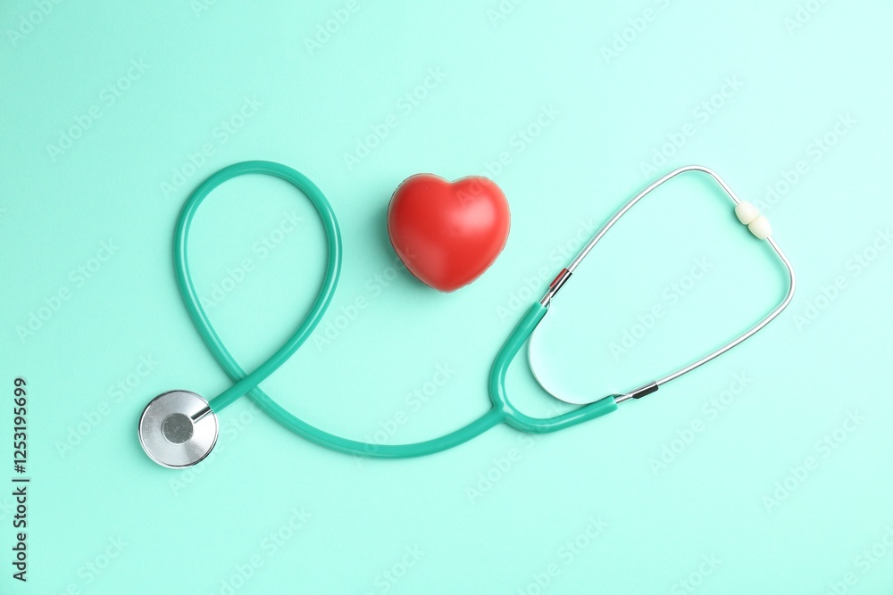 Cardiology. Stethoscope and red decorative heart on turquoise background, flat lay Cardiology. Stethoscope and red decorative heart on turquoise background, flat lay